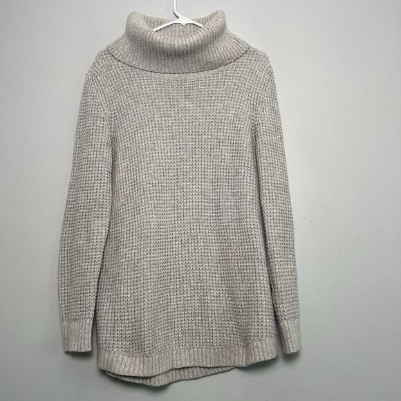 L L Bean Women Waffle Knit Turtleneck Sweater Gray Sz L Wool Cotton Blend Chunky - Picture 1 of 12